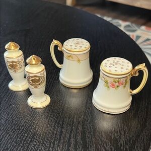 2 Pairs Antique Handpainted Floral Gold Gilt Porcelain Salt and Pepper Shakers